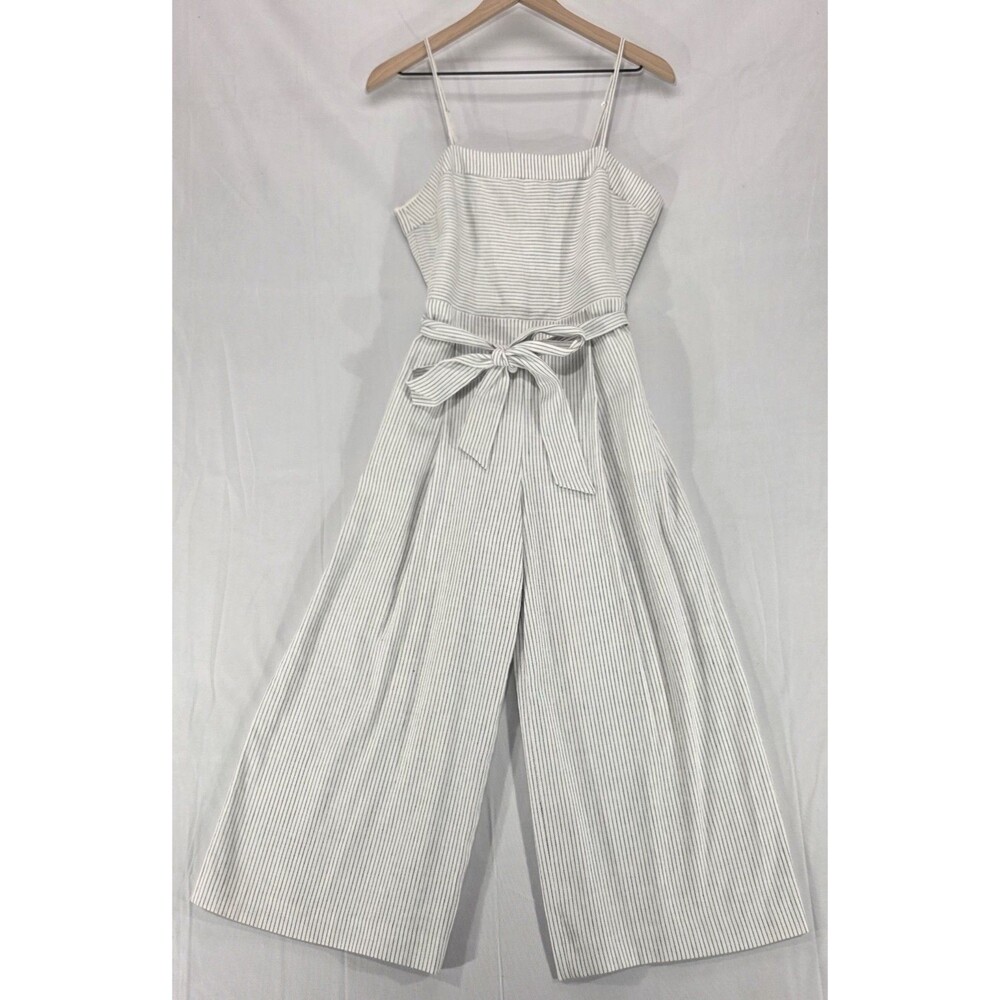 Banana Republic Wide Leg Jumpsuit White Linen Pockets Tie Waist Coastal Womens 4